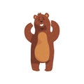 Cheerful grizzly bear standing with paws up. Cartoon wild