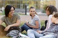 Cheerful group of multiethnic students studying outdoors. Royalty Free Stock Photo