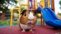 Cheerful Guinea Pig Exploring Miniature Playground in Outdoor Park Setting