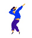 Cheerful guy in a blue sweatshirt. Vector. Illustration of a dancing young man. Internet meme. Character for the dance studio. Fla Royalty Free Stock Photo