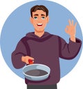 Happy Bachelor Man Holding a Cooking Skillet Pan Vector Illustration