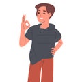 Cheerful guy showing okay sign. Man with positive gesture, happy smiling person body language flat vector illustration on white Royalty Free Stock Photo