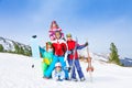 Cheerful guys standing with snowboards and skis Royalty Free Stock Photo