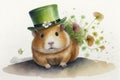 Cheerful Hamster Celebrating St. Patrick\'s Day with a Leprechaun Hat and Flowers in Watercolors. Perfect for Greeting Ca
