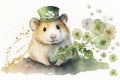 Cheerful Hamster Celebrating St. Patrick\'s Day with a Leprechaun Hat and Flowers in Watercolors. Perfect for Greeting Ca