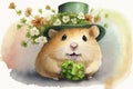 Cheerful Hamster Celebrating St. Patrick\'s Day with a Leprechaun Hat and Flowers in Watercolors. Perfect for Greeting Ca