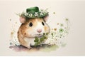 Cheerful Hamster Celebrating St. Patrick\'s Day with a Leprechaun Hat and Flowers in Watercolors. Perfect for Greeting Ca