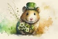 Cheerful Hamster Celebrating St. Patrick\'s Day with a Leprechaun Hat and Flowers