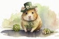 Cheerful Hamster Celebrating St. Patrick\'s Day with a Leprechaun Hat and Flowers in Watercolors.