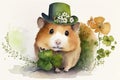 Cheerful Hamster Celebrating St. Patrick\'s Day with a Leprechaun Hat and Flowers in Watercolors.