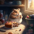 A cheerful hamster eating a piece of delicious cake in the kitchen Created with Generative AI