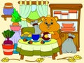 Cheerful hamster eats in the kitchen, home interior. Children color.