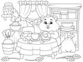 Cheerful hamster eats in the kitchen, home interior. Children coloring book.