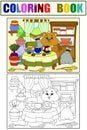 Cheerful hamster eats in the kitchen, home interior. Set example and children coloring book.