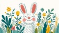 Cheerful hand drawn bunny with vibrant floral accents and a white backdrop, blending playful charm with intricate springtime pa