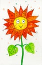 Cheerful hand-drawn watercolor illustration of a radiant, smiling flower in vivid colors
