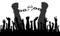 Cheerful hands of people crowd on background of male hands breaking chains in handcuffs. Concept of freedom. Vector illustration