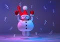 A cheerful happy cartoon character of a snowman rejoices and jumps at a party among falling confetti. New Year and Christmas