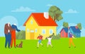 Cheerful happy children time spend with grandparent, outdoor rural countryside house, child funny suburban cottage flat