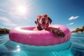 Cheerful happy dog with sunglasses swimming in the pool on an inflatable pink circle. Concept of fun holidays with Royalty Free Stock Photo