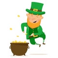 Cheerful and happy leperchaun with a full pot of gold. St.Patrick 's Day. Vector Illustration on a white background