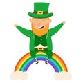 Cheerful and happy leperchaun sits on a colorful rainbow. St.Patrick 's Day. Vector Illustration on a white