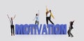 Cheerful, happy people jumping in happiness, celebrating success. Motivation 3D word