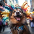 Cheerful happy purebred dog with tongue sticking out, sitting in feather accessories attending traditional local