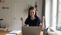 Cheerful happy student girl excited with great good news