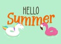 Cheerful and happy unicorn and flamingo float rings with hello summer message background. Vector illustration design