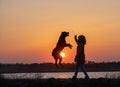 A girl plays with a guard dog of the Rottweiler breed against the backdrop of a lake and sunset Royalty Free Stock Photo