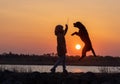 A girl plays with a guard dog of the Rottweiler breed against the backdrop of a lake and sunset Royalty Free Stock Photo