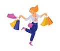 Cheerful happy young woman enjoying shopping, flat vector illustration isolated.