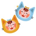 Cheerful head of a smiling kitten girl. Cartoon color vectron illustration with character