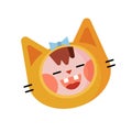 Cheerful head of a smiling kitten girl. Cartoon color vectron illustration with character