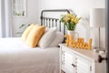 Cheerful hello sign in clean and bright bedroom