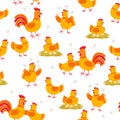 Cheerful hens and roosters seamless pattern. Chicken cartoon characters isolated on white background in flat design Royalty Free Stock Photo