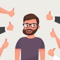 Cheerful hipster bearded young man surrounded by hands demonstrating thumbs up gesture. Public appreciation