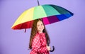 Cheerful hipster child in positive mood. rain protection. Rainbow. happy little girl with colorful umbrella. little girl Royalty Free Stock Photo