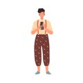 Cheerful hipster girl holding camera take photo vector flat illustration. Funny young woman photograph amateur standing