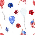 Patriotic american print. 4th of July seamless pattern. Hand painted watercolor red, white and blue balloons, US flags and flowers Royalty Free Stock Photo
