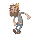 Cheerful homeless man walks merrily. Cartoon tramp with a beard isolated on white, vector. Cheerful beggar character. Royalty Free Stock Photo