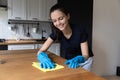 Cheerful homeowner girl enjoying cleaning domestic activities