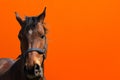 Cheerful Horse,classic bridle.Brown horse close up head shot portrait against orange background.copy space Royalty Free Stock Photo