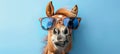Cheerful horse in stylish sunglasses, isolated on pastel background with copy space