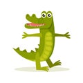 Cheerful humanized crocodile standing with wide open paws. Green animal with long jaws and shiny eyes. Flat vector icon Royalty Free Stock Photo