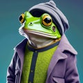 cheerful illustrated frog in modern clothes