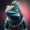cheerful illustrated iguana in modern clothes