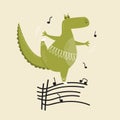 Cheerful illustration of a ballerina crocodile dancing on a vinyl record