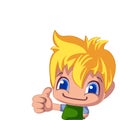 A cheerful illustration of a blond boy holding his finger up. Cartoon illustration